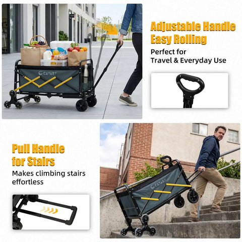 Foldable Stair Climbing Cart With Triangular Wheels For Groceries And Laundry being pulled up stairs