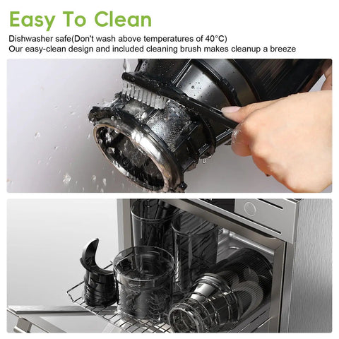 Cleaning the Super Dope 130Mm Wide Chute Masticating Cold Press Juicer under water with cleaning brush and dishwasher items.