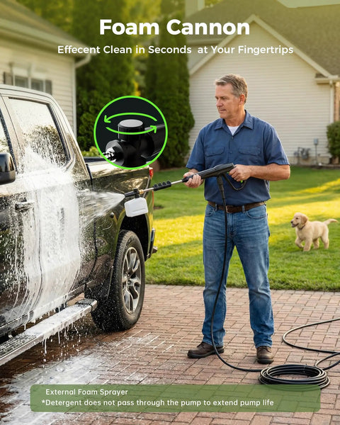 Man using foam cannon from Compact Pressure Washer With Four Quick Connect Nozzles For Cars Fences Patios Decks Boats And Home Use