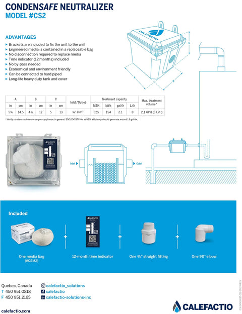 CondenSAFE CS2 Condensate Neutralizer Kit diagram and components for residential condensing gas boilers water heaters