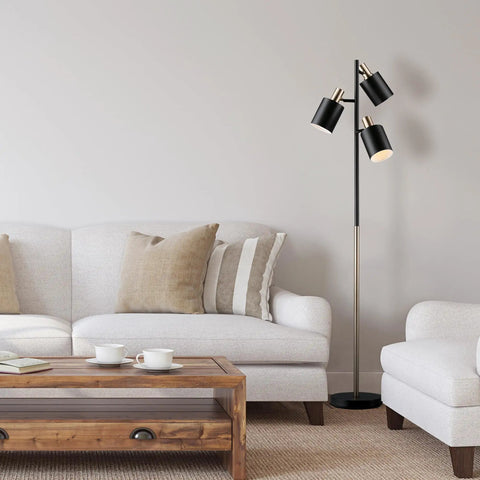 67 Inch 3-Light Tree Floor Lamp With Matte Black Finish And Brass Accents, Adjustable Pivoting Heads, Sleek Industrial Vibe for Living Room