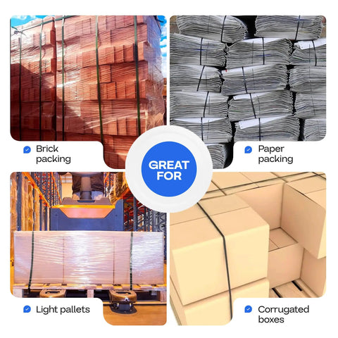 No Gimmicks Heavy Duty Half Inch Polypropylene Strapping Kit With 7200 Ft Roll Rated 600 Lb Break Strength Includes Hand Tensioner And 1000 Open Seals For Tough Pallet Wrapping And Fast Logistics Moves used for securing brick packing, paper packing, light pallets, and corrugated boxes.