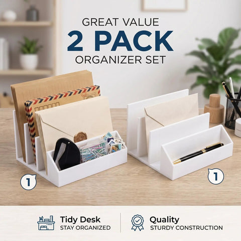 Two Pack 3 Slot Mail Organizer for Desk with envelopes and accessories on wooden table