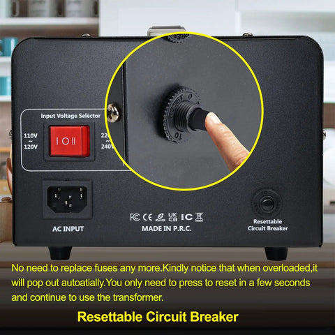 Back view of Beefy 3000 Watt Voltage Converter Transformer with input voltage selector and resettable circuit breaker.