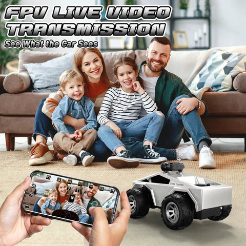 Family using All Terrain RC Car With 720P FPV Camera And Remote Control, 1:28 Scale, WiFi Live View, in living room.