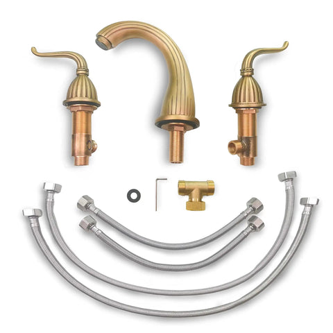Antique Brass Two-Handle Three-Hole Bathroom Sink Faucet With Drip-Free Solid Brass Construction Hot And Cold Water Mixing Classic Vanity Tap Matching Metal Pop-Up Drain Assembly For Easy Install parts layout.