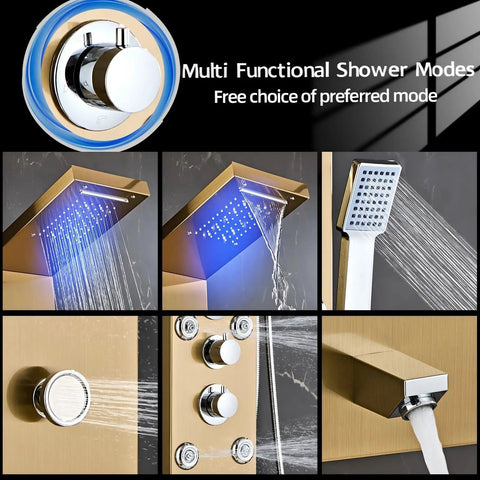 Heavy Duty Led Five In One Shower Panel Tower System With Brushed Gold Finish And Rock Solid 304 Stainless Steel Frame For Quick Hookup And Daily Showers showcasing multifunctional shower modes and spray options.