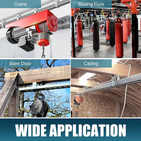 Heavy Duty Channel Trolley Track Hanger Brackets For Unistrut Strut System With 3/8 Inch Bolts And 1200 Lb Load Rating Four Pack displayed in various applications.