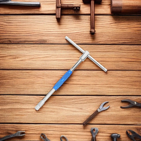 Go To Grease Monkey Approved T Handle Hex Wrench Featuring Adjustable Ratcheting Socket Design, blue metal tool displayed on wooden surface.