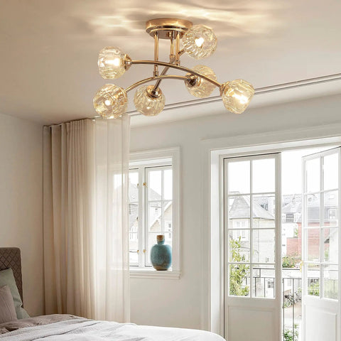 Spuntnik Crystal Ceiling Light Fixture With Six G9 Base Bulbs, Semi Flush Mount, D16 x H10, shown in a bright bedroom