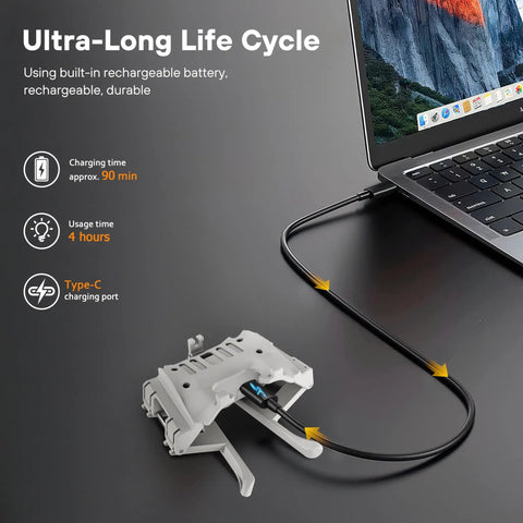 Lighted Landing Gear 2-In-1 Kit For Flip Drone charging with Type-C to laptop, ultra-long life cycle and 4h runtime info shown.