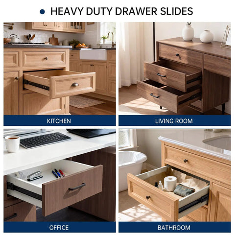 Heavy Duty Black Soft Close Drawer Slides One Pair 12 Inch Cabinet Runners in kitchen, office, living room, and bathroom.