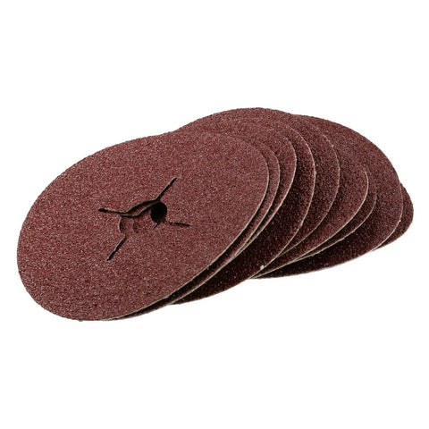 Fifty Piece Pack Of Four Point Five Inch Coarse Fiber Sanding Discs Thirty Six Grit Abrasive Wheels stacked showing their textured surface.
