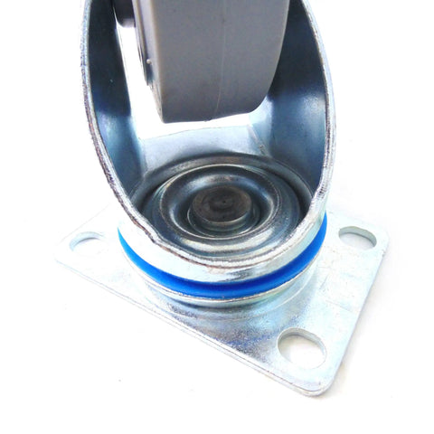 Four Inch Swivel Caster With Non Marking Soft Gray TPR Wheel Ball Bearing Total Lock Brake Heavy Duty Plate close up of the base and wheel.
