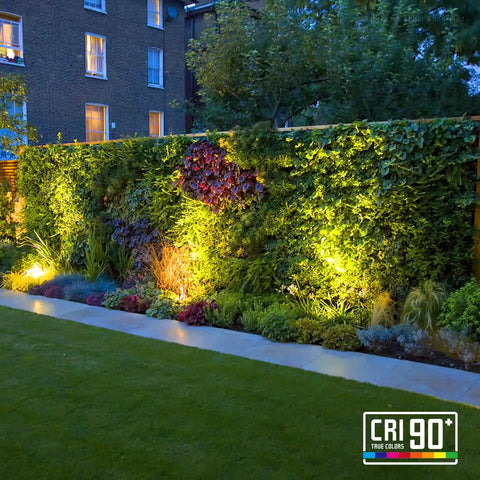 12 Pack 7W LED Landscape Well Lights, 720LM, 12-24V AC/DC Low Voltage, CRI90, illuminating garden wall at night.