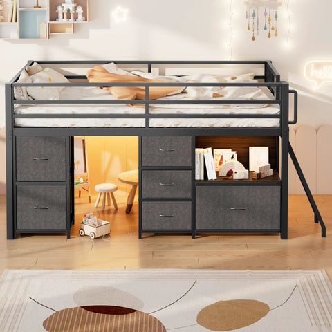 Twin Loft Bed With Six Storage Drawers Built In Bookcase LED Lights Play Curtain Kid Friendly Safety Rails And Ladder Black Space Saving Two Tier Design For Active Kids, front view
