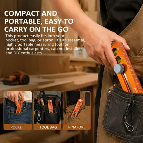 Nailed It 4-In-1 Aluminum Marking Level Ruler With Dual Industrial Magnets, Sliding Depth Gauge, And Flexible Angle Finder For Swift Woodworking And Carpentry Jobs fits in pockets and tool bags.