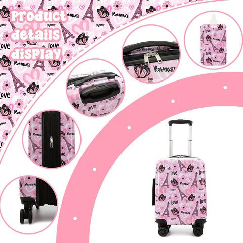 Esteemly kid's pink 16-inch hardside luggage set with spinner wheels, 2-piece Paris-love pattern, includes neck pillow