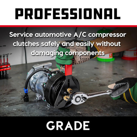 AC Clutch Removal And Installation Tool Kit For Automotive Compressors being used on a compressor with holding tool