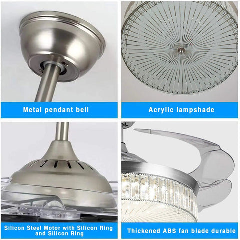 Lit Crystal Ceiling Fan With Lights 42 Inch LED Remote details, including metal bell, acrylic lampshade, motor, and ABS blades.