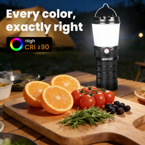Rechargeable Camping Lantern LT1 With 8 LH351D LEDs next to food, showcasing vibrant colors at night with tents in the background.