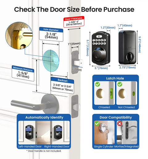 Keyless Fingerprint Door Lock With Keypad Deadbolt In Matte Black size and installation guide on a door with measurement indicators.