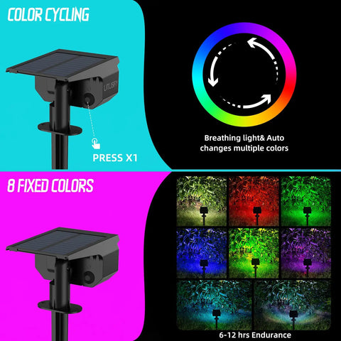 Solar Color Changing Outdoor Lights With 50 LED RGB Spots IP67 Waterproof Landscape Lighting showing color cycling and fixed modes.