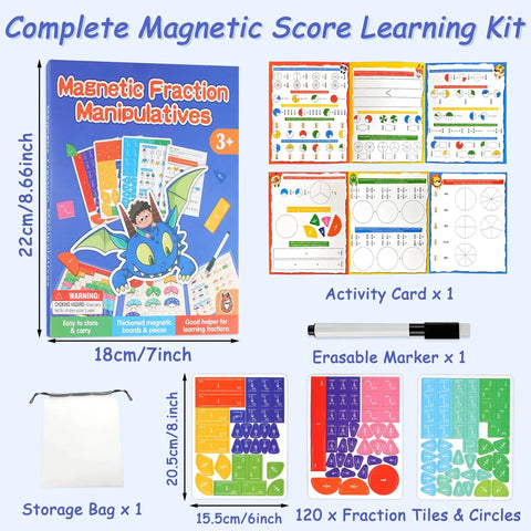 Hands On Fraction Play Kit With Magnetic Tiles And Circles For Whiteboard Ready Math Practice Kid Friendly Montessori Style Fraction Tools For Kids Ages 6 To 10 Classroom And Homeschool Set With Wipe Clean Activity Cards with book, activity cards, marker, storage bag, and magnetic tiles included.