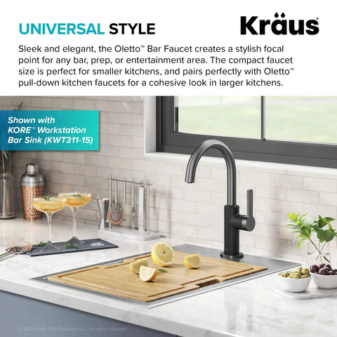 Oletto Single Handle Kitchen Bar Faucet In Matte Black And Spot Free Black Stainless Steel Finish For Kitchen Sinks Modern High Arc Spout Compact Design Perfect For Small Kitchens And Bar Areas over wooden cutting board.