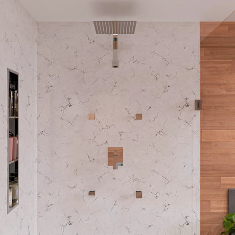 Modern shower with 12 Inch Square Raised Wall Mounted Shower Arm With Curved Gooseneck Beefy Solid Brass Polished Chrome Standard Half Inch NPT.