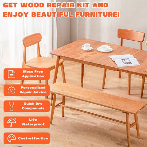 Top Shelf Wood Filler Repair Kit With Durable Putty To Easily Patch Up Deep Scratches Cracks And Dents On Beat Up Furniture Sweet Finish Pro Fix Set on a dining table with chairs.