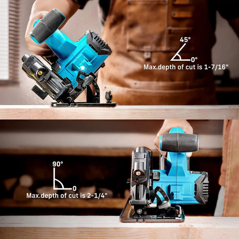 Heavy Duty 6-1/2 Inch Cordless Circular Saw Featuring Twin 21V 8000 Mah Battery Set And Rapid Charger Kit in use with cutting depth indications.