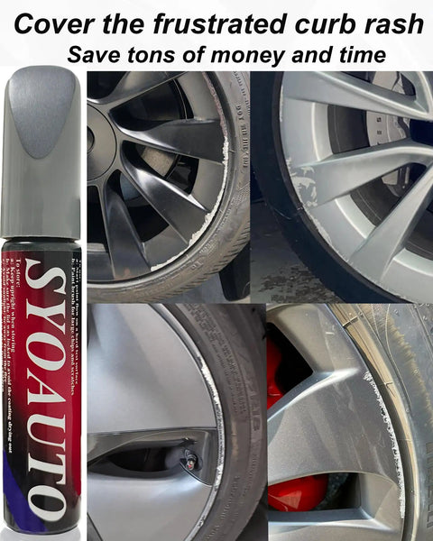 Premium Matte Black Rim Touch Up Paint Pen For Wheel Scratch Repair And Curb Rash Fix Quick Dry Formula with wheels showing curb damage.