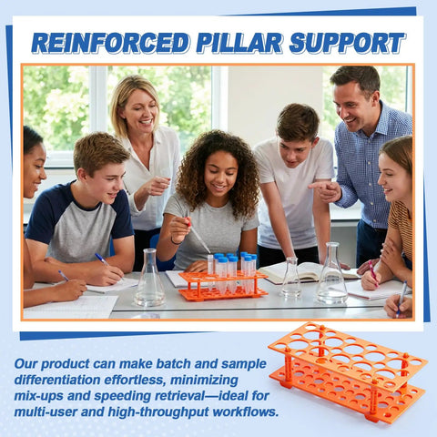 Group discussing around Six Pack 28 Well Test Tube Rack Set For 10 mL 15 mL And 50 mL Tubes with orange stand on table