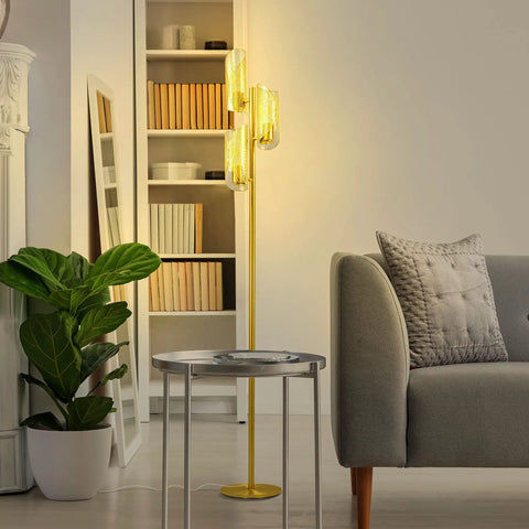 LED Tree Floor Lamp With 3 Light Heads In Brass Finish, Metal Cage Shade, Tall lamp in living room setting, modern industrial style