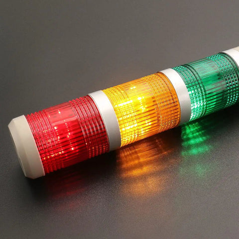 Heavy Duty Compact Round LED Tower Signal Light With Red Green Yellow Flash Warning Indicators For Industrial Machines showing illuminated LEDs.