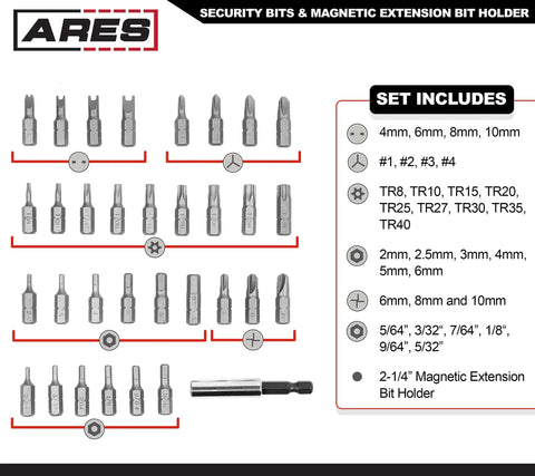 Security Bit Set With Magnetic Extension Bit Holder For Fast Tamper Resistant Fasteners, 33-Piece Kit layout with sizes