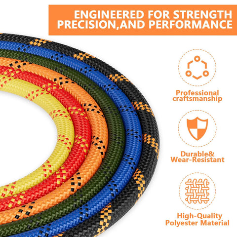 Top Shelf Heavy Duty Braided Polyester Arborist Rope Half Inch By 120 Feet Badass Breaking Strength For Serious Tree Work Hiking Camping And Swing Project Black, multi-colored ropes displayed.