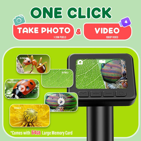Kid Friendly Microscope 50x To 1000x Magnification With 2 Inch HD Screen And 1080P Video 64GB card, front view