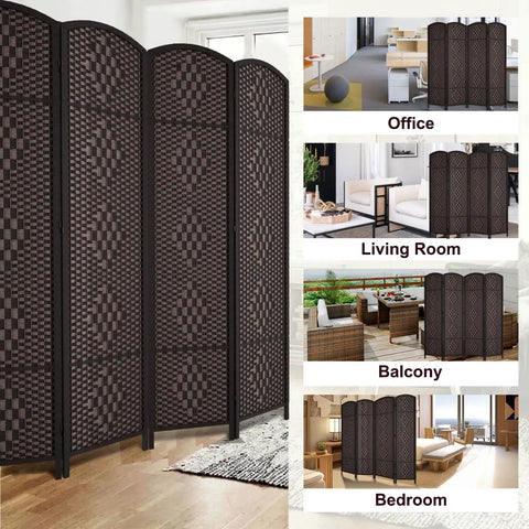 Tall Six Foot Room Divider Four Panel Privacy Screen Freestanding Wall Partition Dark Coffee Finish With Foldable Panels