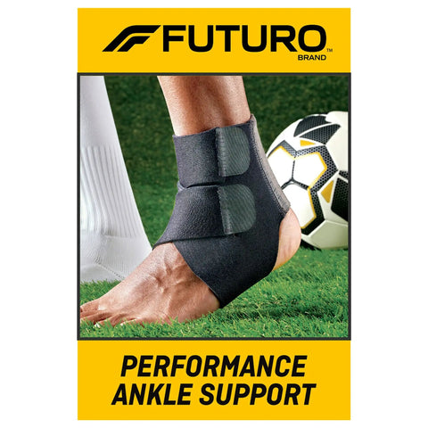 Performance Ankle Support With Adjustable Straps For Moderate Compression Arch Lift And Breathable Moisture Wicking Comfort displayed on ankle with soccer ball.
