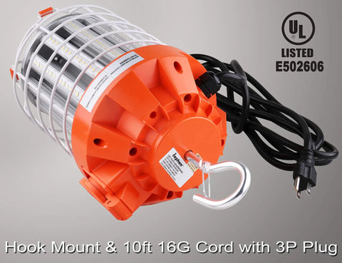 60W LED Temporary Work Light With 8400 Lumen Output, 5000K Daylight Glow, close-up of plug, hook, and 10ft cord