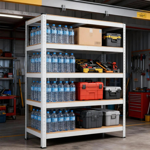 Heavy Duty 5 Tier Storage Shelf Rack Adjustable Boltless Steel Frame With Thick MDF Boards Rock Solid Garage Shelving Kit For Kitchen Pantry Quick Setup Superior Load Capacity 30X12X59 Inches White with water bottles and toolboxes.