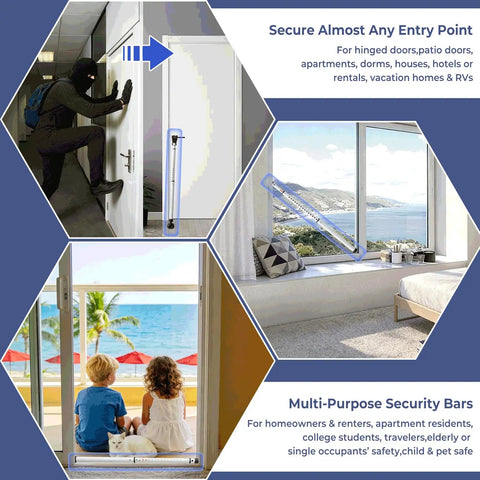 Heavy Duty Adjustable Sliding Door Security Bar With Swappable End Caps Locks Windows And Patio Doors Tight From Inside measures 17 to 46 inches.
