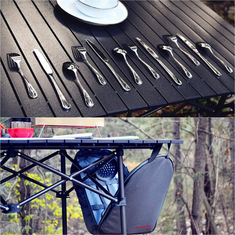 All In One Camping Cooking Utensils Set With 40 Pieces Portable Kitchen Kit displayed on camping table