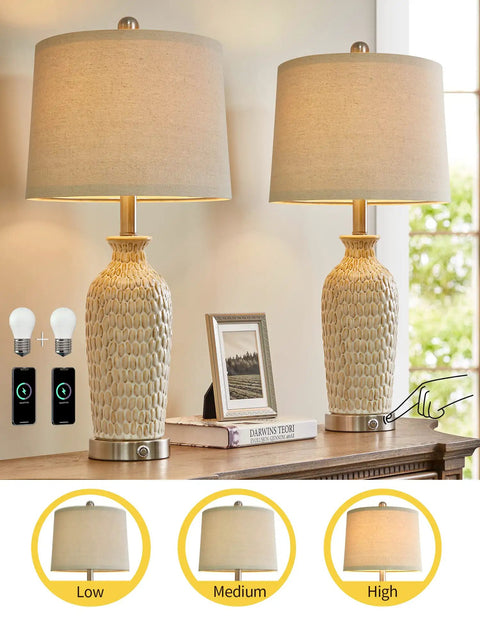 Two USB Touch Dimmable Ceramic Table Lamps Set Of 2 For Living Room Or Bedroom, 3-Way Brightness With Tap Control, includes bulbs