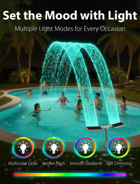 Night scene of Solar Pool Fountain With Ten Color LED Lights And Four Lighting Modes, Dual Spray Waterfall Sprinkler, 360 Degree Adjustable Flow in use over an inground pool