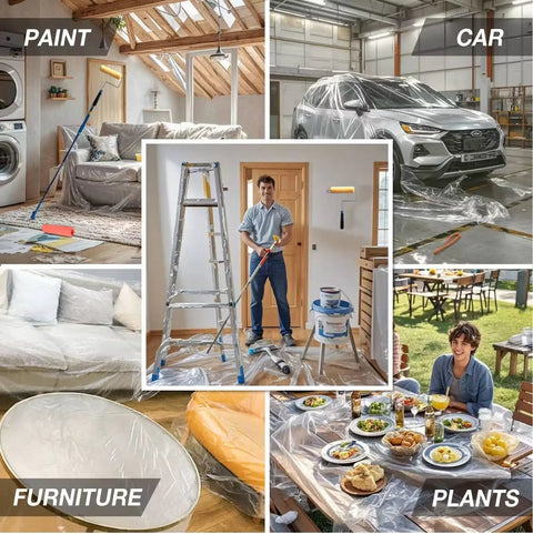 20 Pack Heavy Duty Pro Grade Plastic Drop Cloths 9x12 Feet For Painting See Through Tarp Protection in various home uses.