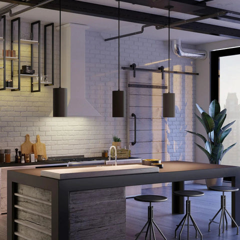 Industrial kitchen with 6 Inch Black Outdoor LED Pendant Light Cylinder Style Hang Fixture, modern black pendant lights over island.