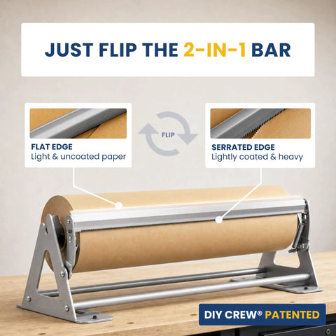 Flawless One Hand Paper Roll Dispenser And Cutter shows 2-in-1 bar with flat and serrated edges for easy kraft paper slicing.